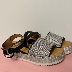 Women's Silver Rhinestone and Black ankle-strap Platform Sandals